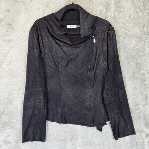 Calvin Klein Jacket Womens Large Black Asymmetrical Zip Faux Leather Moto Chic